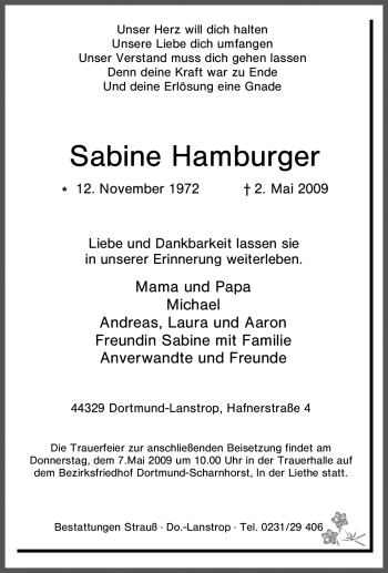 Traueranzeige von Sabine Hamburger von Tageszeitung