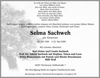 Traueranzeige von Selma Sachweh von Tageszeitung