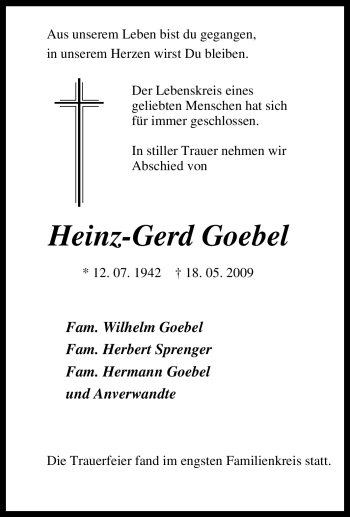 Traueranzeigen von Heinz-Gerd Goebel | Trauer-in-NRW.de