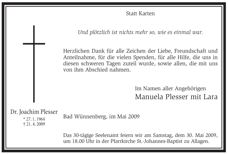  Traueranzeige für Joachim Plesser vom 25.05.2009 aus Tageszeitung