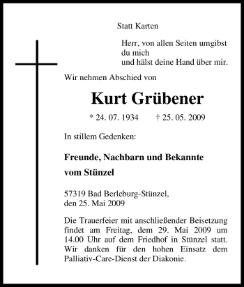 Traueranzeige von Kurt Grübener von Tageszeitung