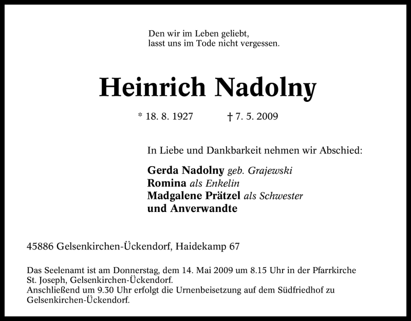  Traueranzeige für Heinrich Nadolny vom 08.05.2009 aus Tageszeitung