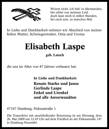 Traueranzeige von Elisabeth Laspe von Tageszeitung