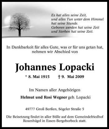 Traueranzeige von Johannes Lopacki von Tageszeitung
