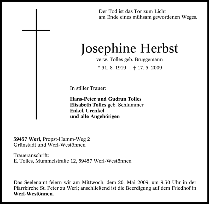  Traueranzeige für Josephine Herbst vom 19.05.2009 aus Tageszeitung