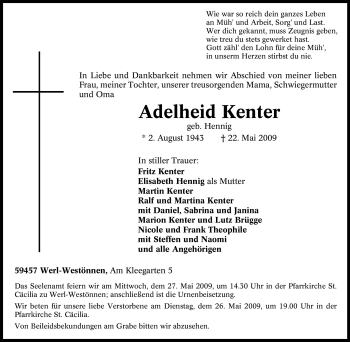Traueranzeige von Adelheid Kenter von Tageszeitung