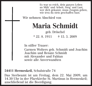 Traueranzeige von Maria Schmidt von Tageszeitung
