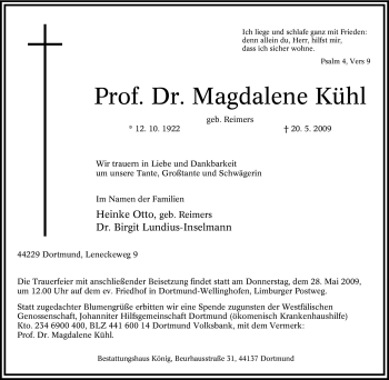 Traueranzeige von Magdalene Kühl von Tageszeitung