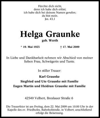 Traueranzeige von Helga Graunke von Tageszeitung