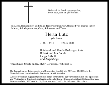 Traueranzeige von Herta Lutz von Tageszeitung