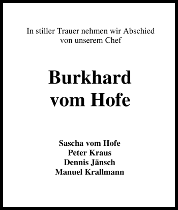 Traueranzeige von Burkhard vom Hofe von Tageszeitung