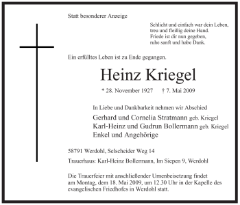 Traueranzeige von Heinz Kriegel von Tageszeitung