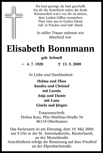 Traueranzeige von Elisabeth Bonnmann von Tageszeitung
