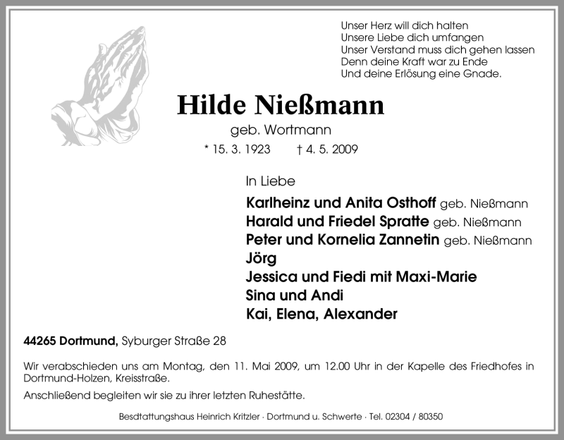  Traueranzeige für Hilde Nießmann vom 06.05.2009 aus Tageszeitung