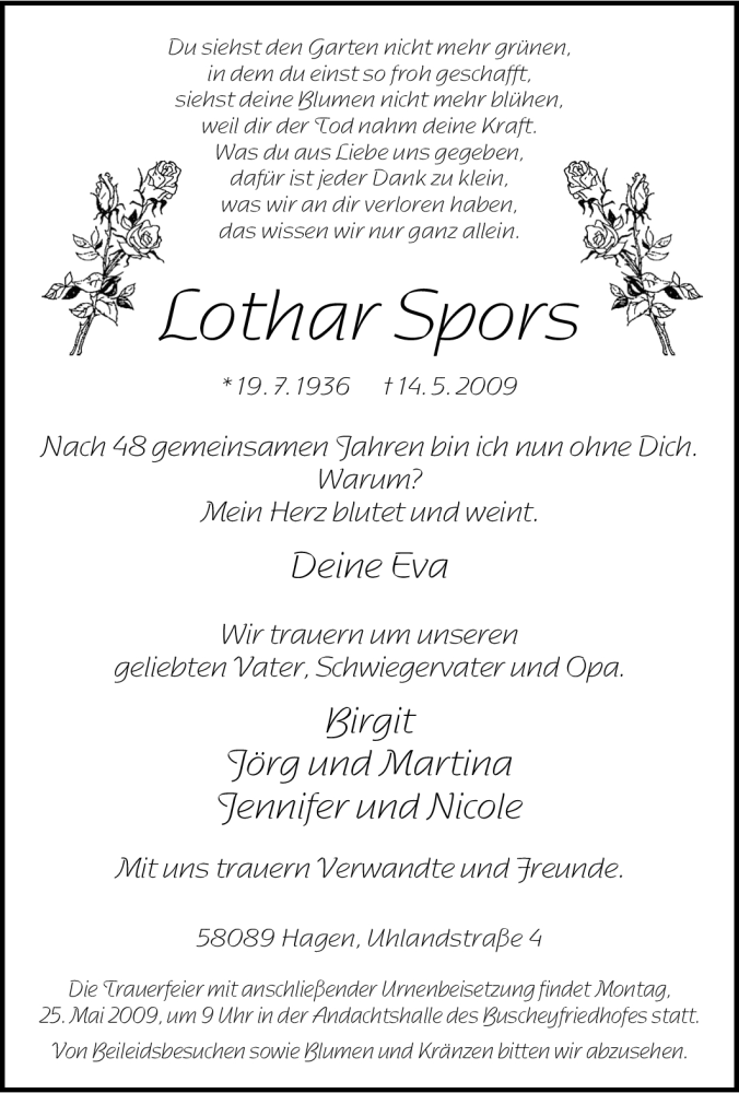  Traueranzeige für Lothar Spors vom 20.05.2009 aus Tageszeitung