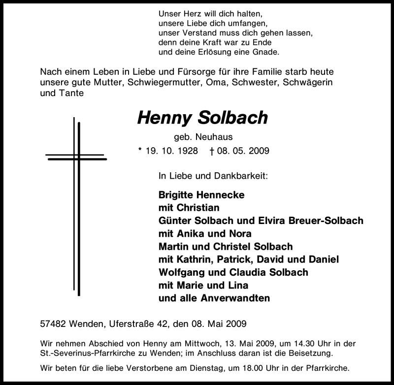 Traueranzeige für Henny Solbach vom 11.05.2009 aus Tageszeitung