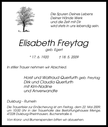 Traueranzeige von Elisabeth Freytag von Tageszeitung