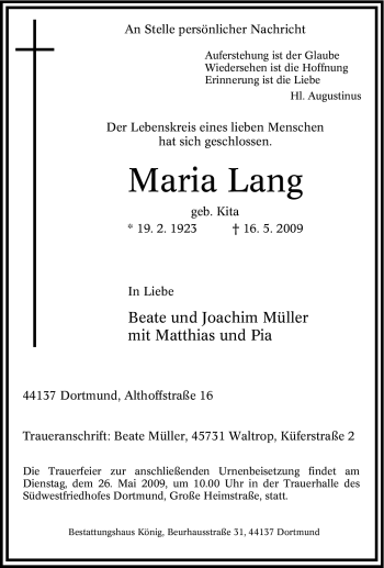 Traueranzeige von Maria Lang von Tageszeitung