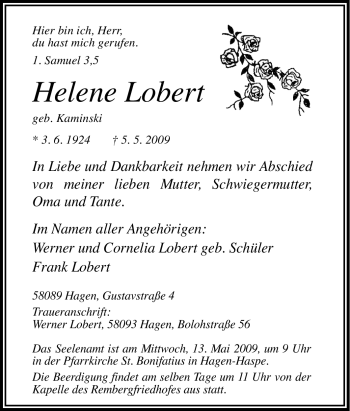 Traueranzeige von Helene Lobert von Tageszeitung