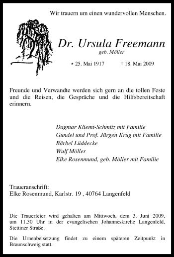 Traueranzeige von Ursula Freemann von Tageszeitung