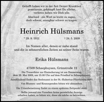 Traueranzeige von Heinrich Hülsmans von Tageszeitung