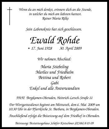 Traueranzeige von Ewald Rohde von Tageszeitung