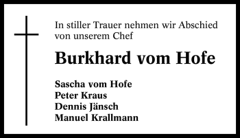 Traueranzeige von Burkhard vom Hofe von Tageszeitung