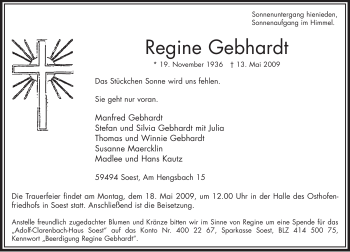 Traueranzeige von Regine Gebhardt von Tageszeitung