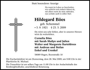 Traueranzeige von Hildegard Böes von Tageszeitung