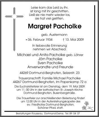 Traueranzeige von Margret Pacholke von Tageszeitung