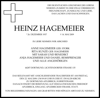Traueranzeige von Heinz Hagemeier von Tageszeitung