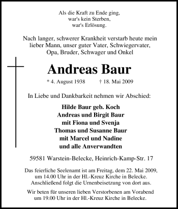 Traueranzeige von Andreas Baur von Tageszeitung