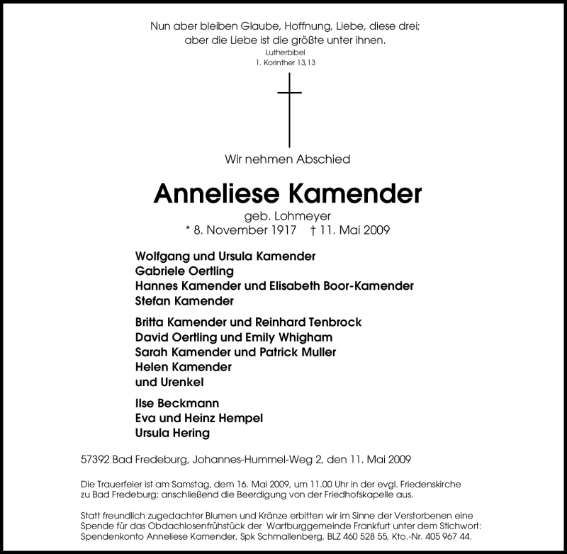  Traueranzeige für Anneliese Kamender vom 14.05.2009 aus Tageszeitung