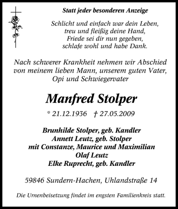 Traueranzeige von Manfred Stolper von Tageszeitung