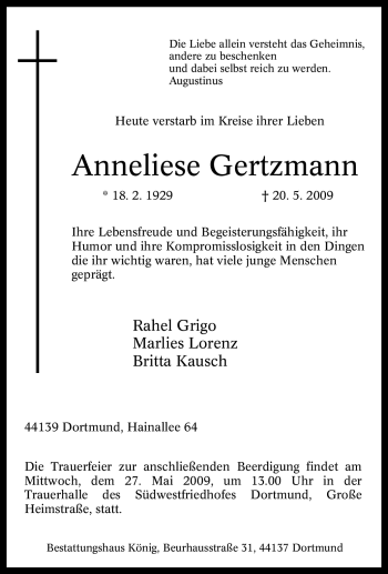 Traueranzeige von Anneliese Gertzmann von Tageszeitung