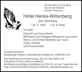 Traueranzeige von Hilde Henke-Wittenberg von Tageszeitung