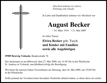 Traueranzeige von August Becker von Tageszeitung