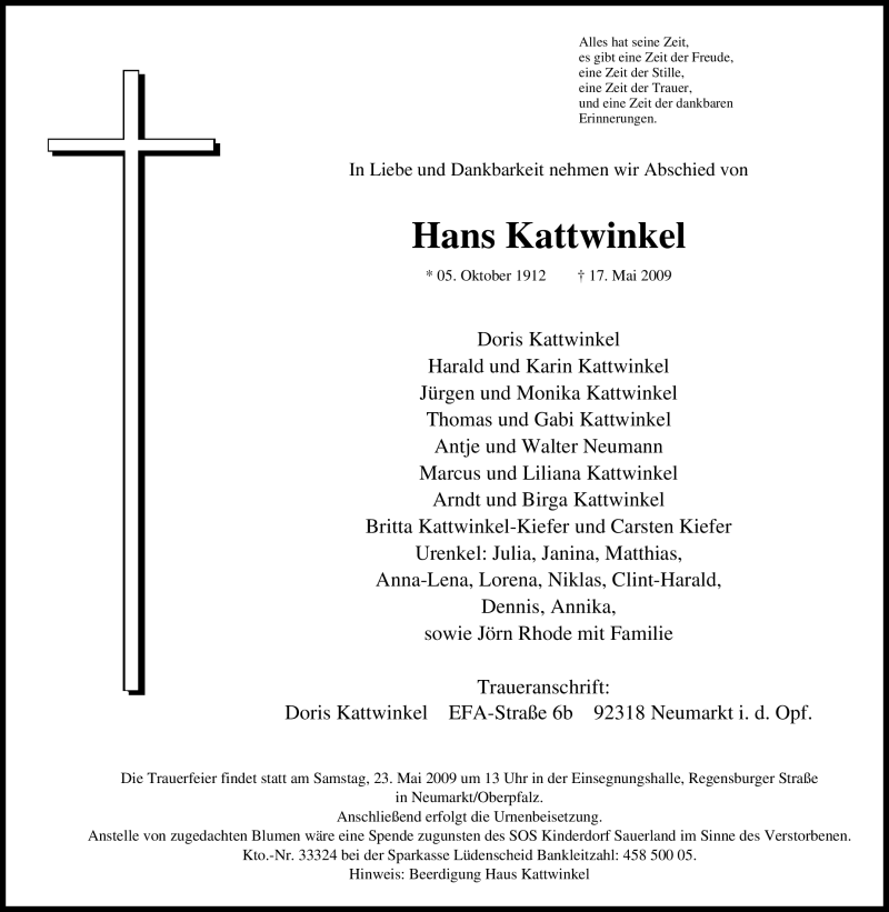  Traueranzeige für Hans Kattwinkel vom 20.05.2009 aus Tageszeitung