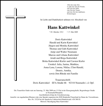 Traueranzeige von Hans Kattwinkel von Tageszeitung