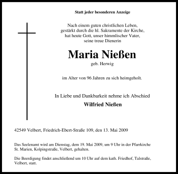 Traueranzeige von Maria Nießen von Tageszeitung