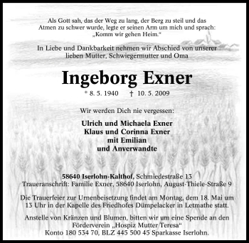 Traueranzeige von Ingeborg Exner von Tageszeitung