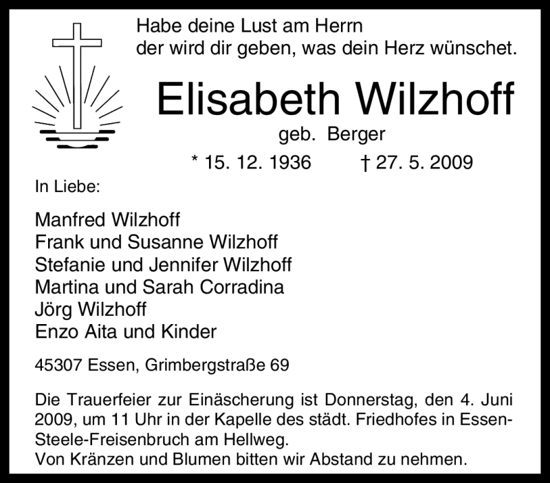  Traueranzeige für Elisabeth Wilzhoff vom 30.05.2009 aus Tageszeitung