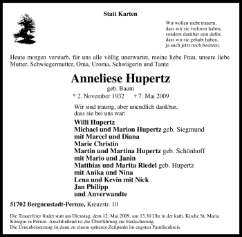 Traueranzeige von Anneliese Hupertz von Tageszeitung