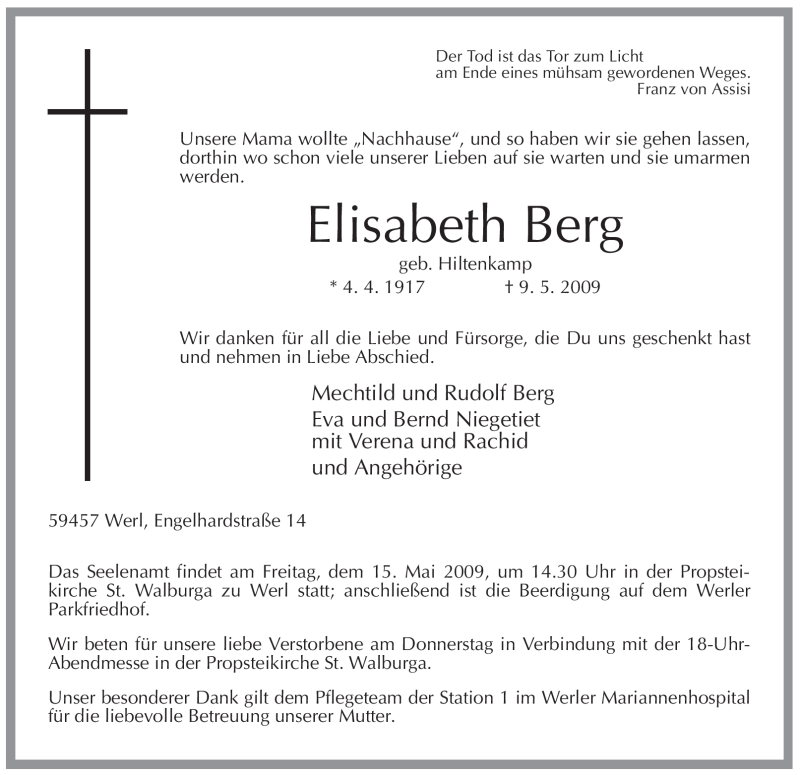  Traueranzeige für Elisabeth Berg vom 12.05.2009 aus Tageszeitung