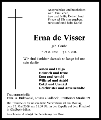 Traueranzeige von Erna de Visser von Tageszeitung