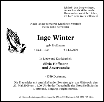 Traueranzeige von Inge Winter von Tageszeitung