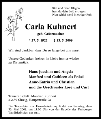 Traueranzeige von Carla Kuhnert von Tageszeitung