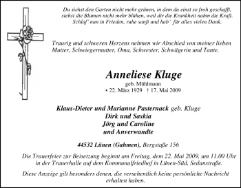 Traueranzeige von Anneliese Kluge von Tageszeitung