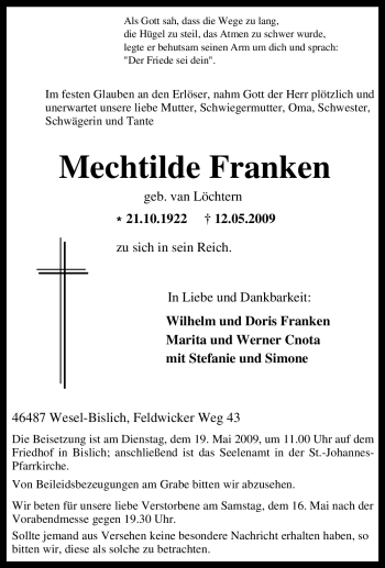 Traueranzeige von Mechtilde Franken von Tageszeitung
