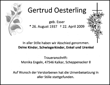 Traueranzeige von Gertrud Oesterling von Tageszeitung